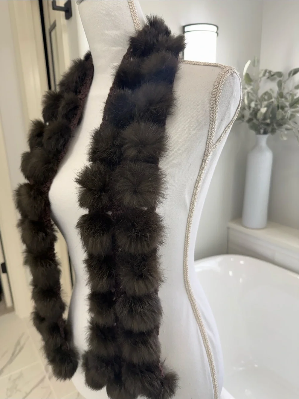 Rabbit Fur Pom Pom Scarf Wrap Chocolate Brown Vintage Preston And York